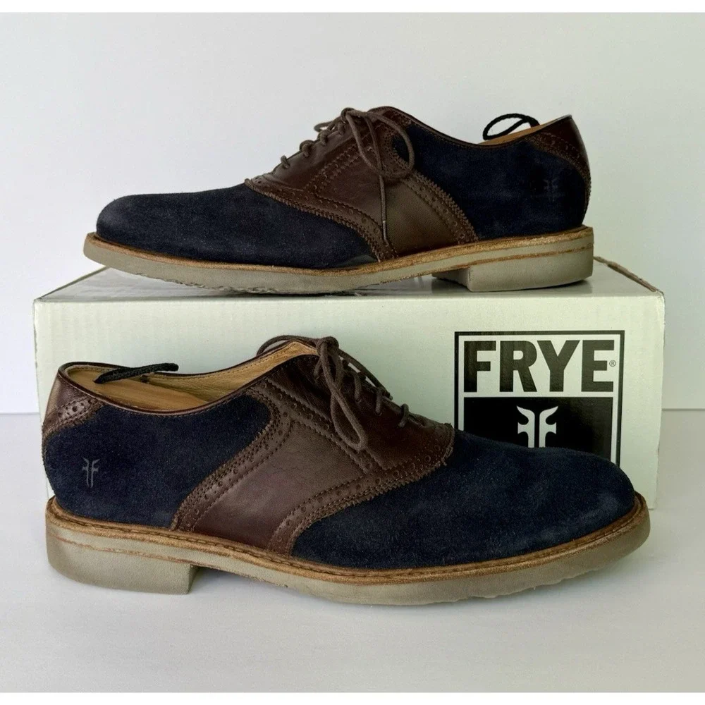 FRYE Mens Jim Saddle Indigo Suede Brown Leather Oxford Dress Casual Shoes Sz 10M